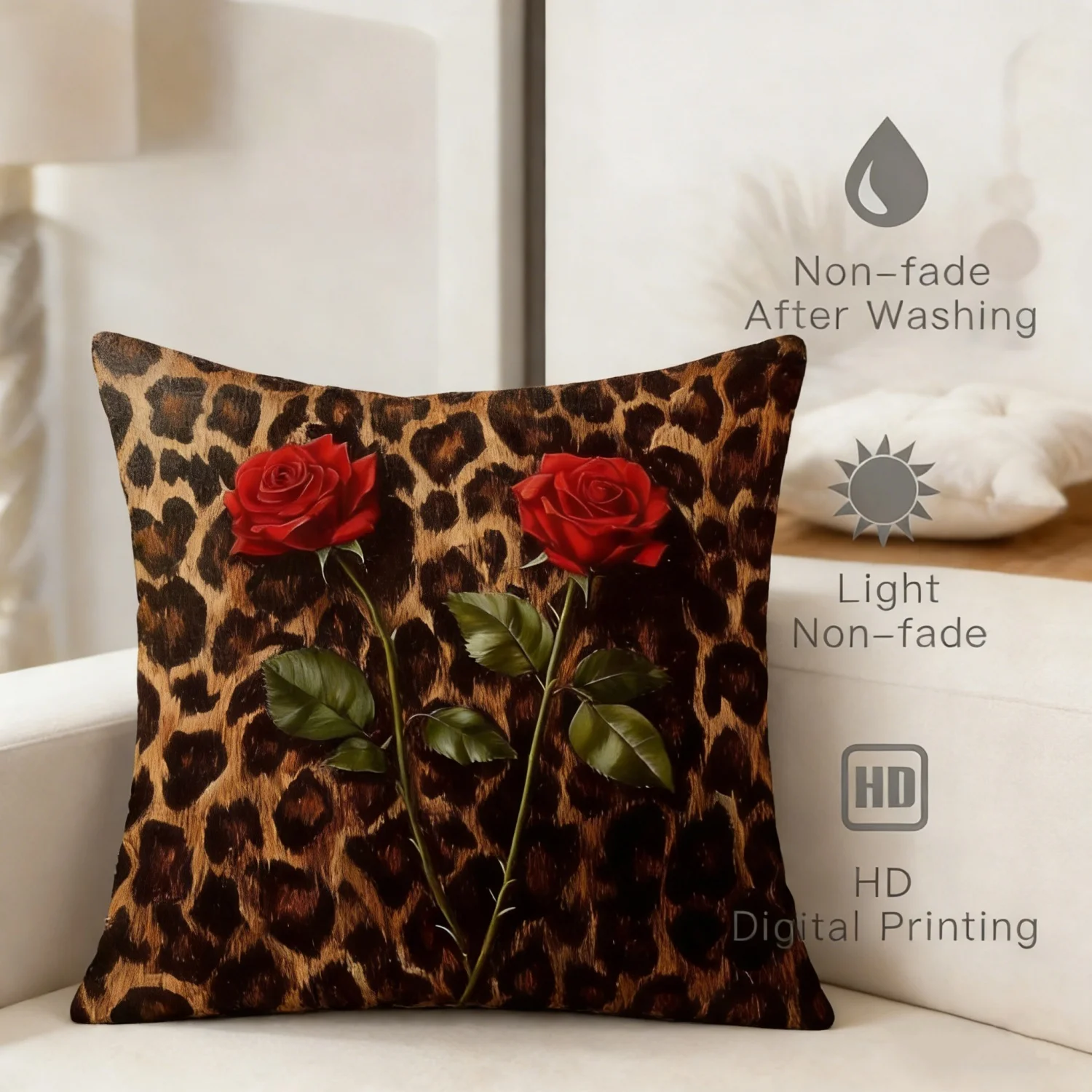 Rose Leopard Pillow Cover Double Sided Design for Home Decor Multi-Scene Use Polyester Fabric Soft Skin Friendly