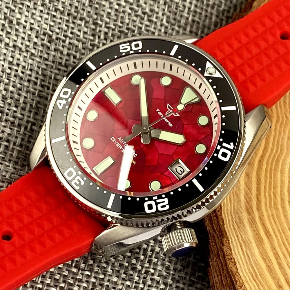 Tandorio SBDX001 Diver Steel Automatic Watch Men White Chapter Ring MOP Red Dial Sapphire Glass Waterproof Wristwatch Green Lume