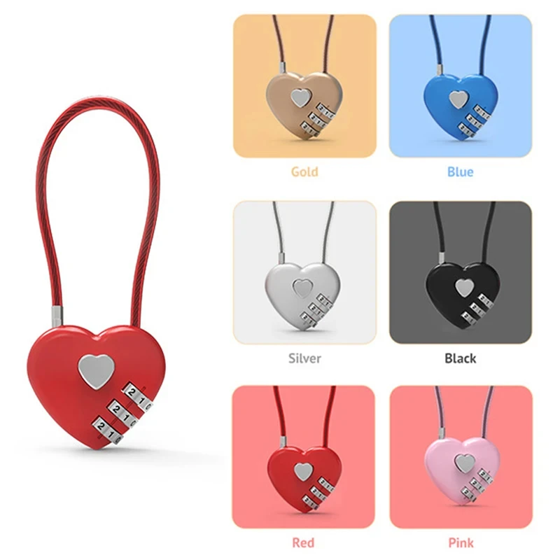 1pcs Heart Shaped Padlock 3 Dial Digit Password Lock Luggage Password Padlock Double Mood Love Lock Travel Valentine's Day Gift