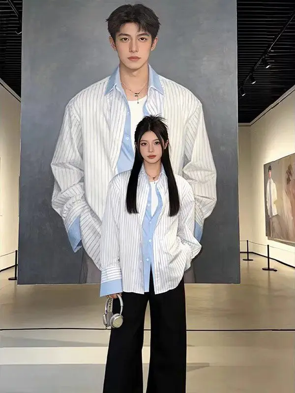 

Blue White Striped Fake Two-Piece Long Sve irt Men's Spring Design CleanFit Thin Outerwear Loose Fit Splice Crt Faio...