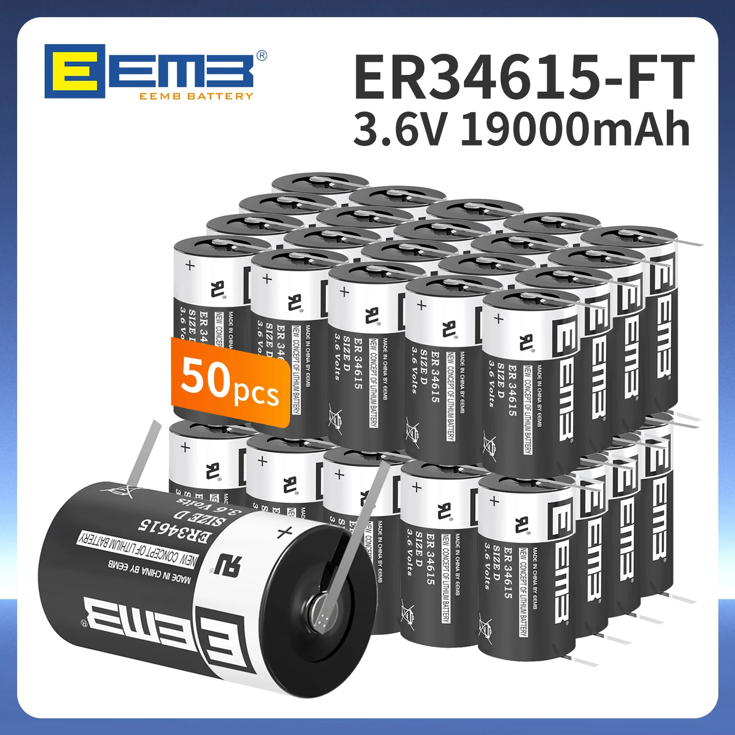 

50PCS EEMB 3.6V D size ERbattery34615-FT lithium cell battery with FT pin non-rechargeable