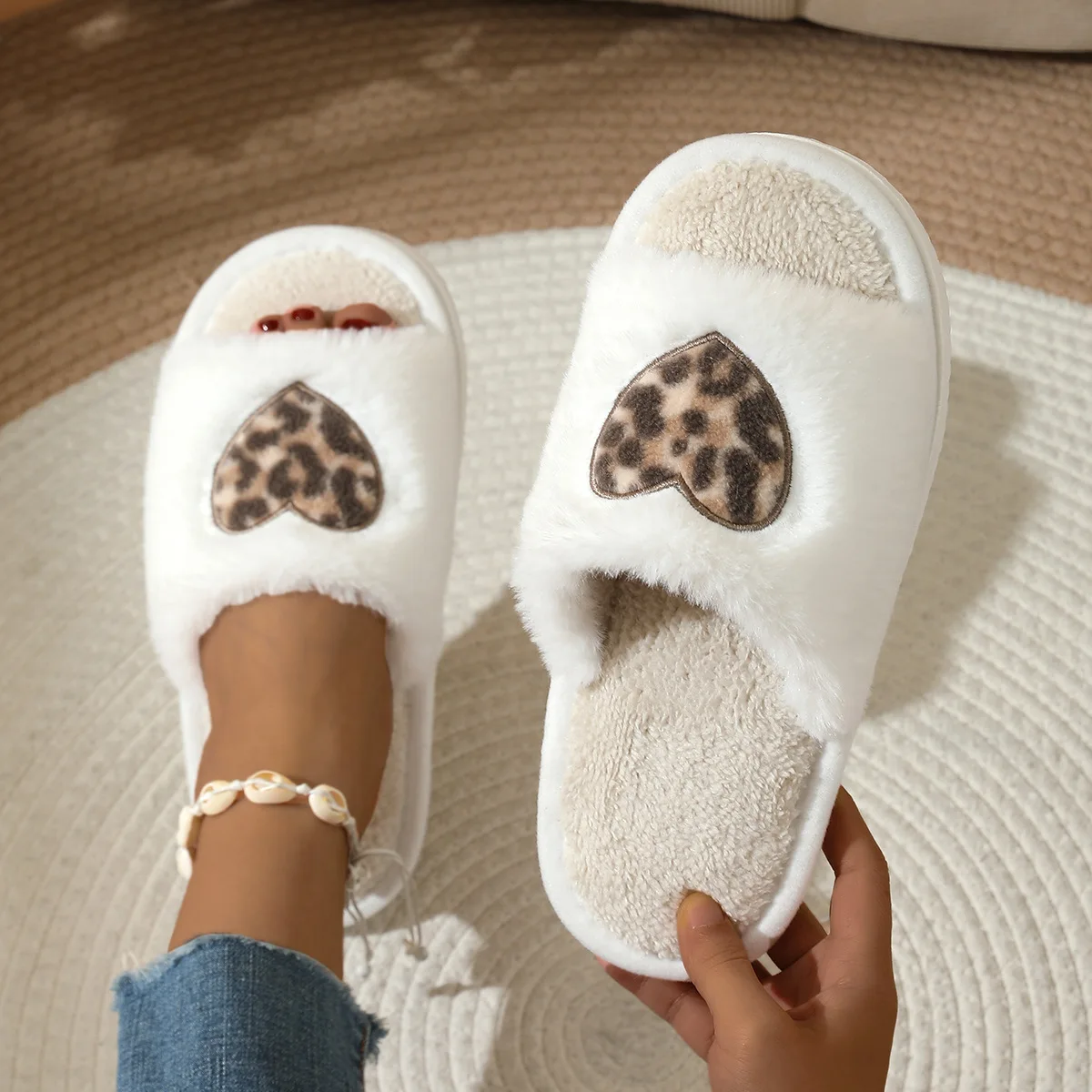 YNPO 2026 New Sexy Leopard Heart Home Cotton Slippers Women Autumn Winter Soft Sole Open Toe Plush Shoes Woman  Warm Fur Slides