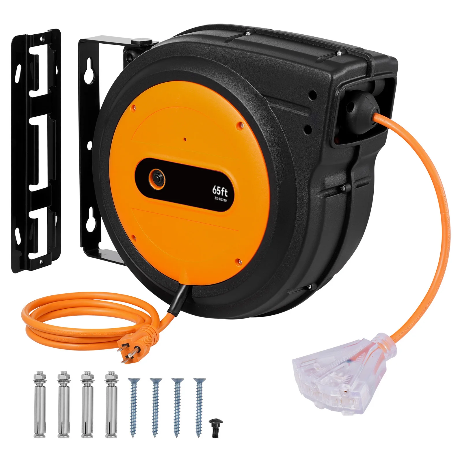 Retractable Extension Cord Reel, 65 FT, Heavy-Duty 12AWG/3C SJTOW Retractable Power Cord with Lighted Triple Tap Outlet, 15 Amp Circuit Breaker 180 °   Swivel Bracket for Ceiling or Wall Mount