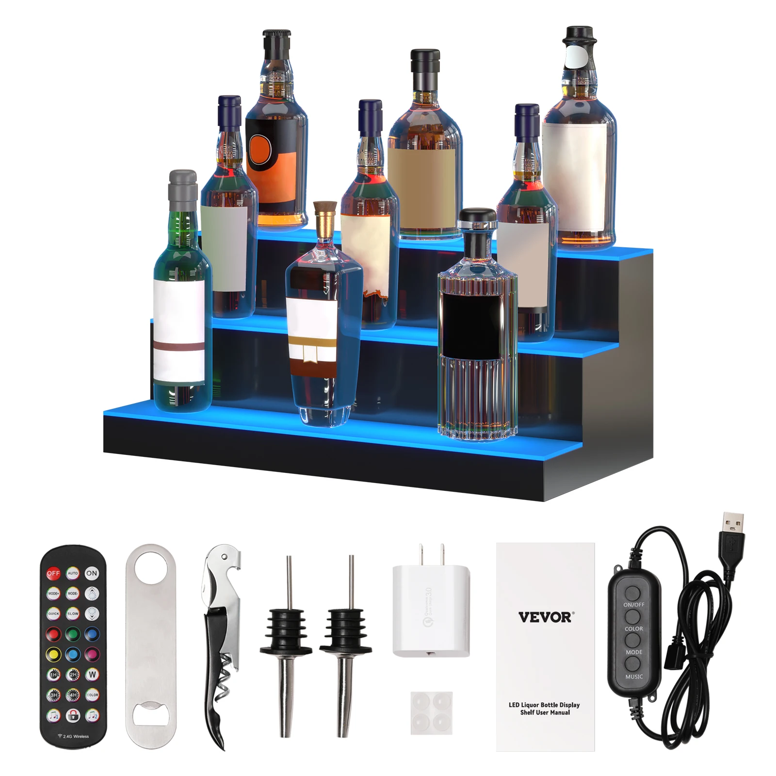 VEVOR 16/24inch 1/2/3/4-Tier LED Liquor Bottle Display Rack Multi-color Translucent Acrylic Bar Shelf with Remote  App Control