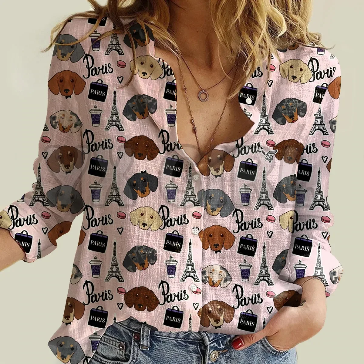 YX GIRL Paris And Cairn Terrier Women's Long-Sleeve Shirt 3D Printed Button-down Shirt Casual Unique Streewear