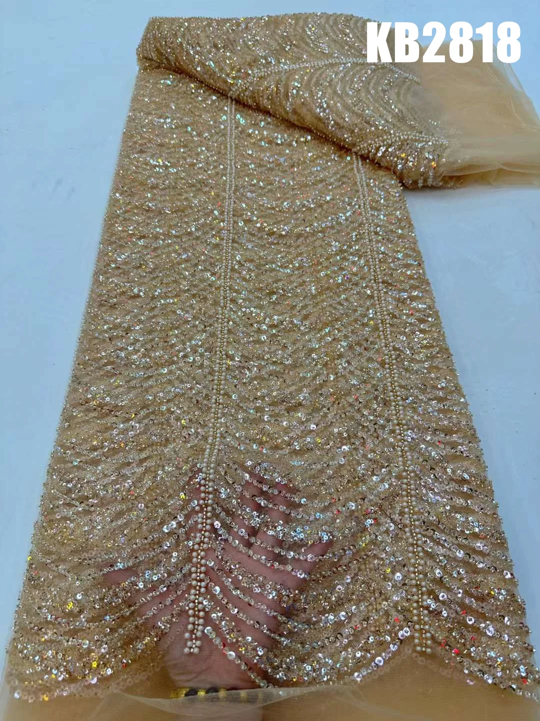 Gold Handmade Beaded Lace Fabric With Sequence Dubai High Quality Fabric 2024 Nigerian Beaded Fabric Lace For Sewing KB2818