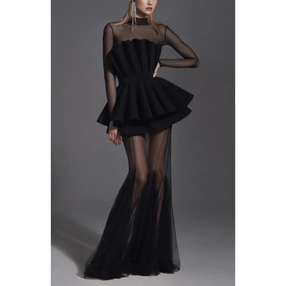 

Sexy Black Tulle Long Sleeves Stylish Prom Gown For Women Pleated Skirt New Style Stylish Social Party Dress