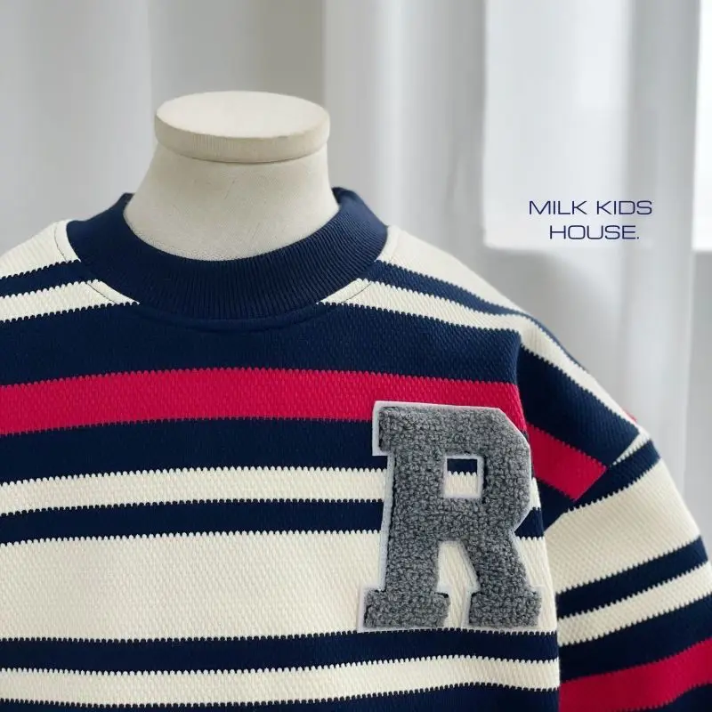 Autumn Winter Boys 2024 New Patchwork Pullover O-Neck Embroidery Stripe Letter Fashion Loose Casual Long Sleeve Sweatshirts