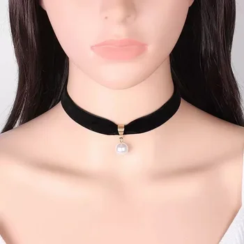 Simple Retro Velvet Pearl Necklace Short Black Collarbone Collar Necklace Gothic Necklace…