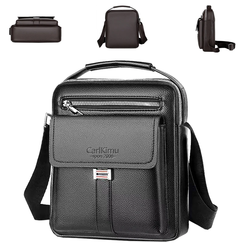 Men Multifunctional Leather Shoulder Bag Multi-Pocket Crossbody Messenger Bag Business Travel Handbag with Top Handle Black