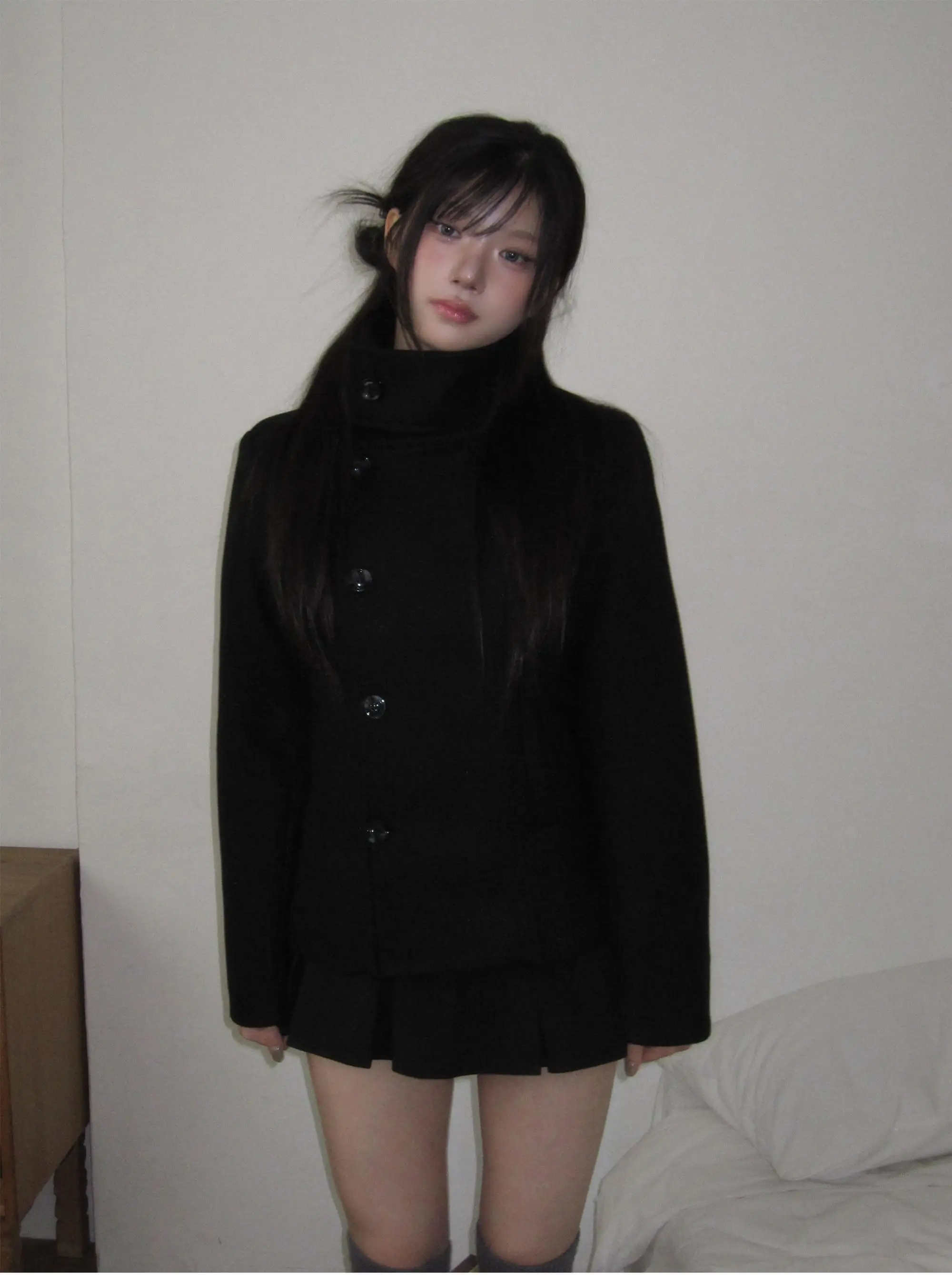 Women's Short Woolen Jacket Black Faux Woolen Coat Autumn Winter Warm Slimming Stand Collar Button up Thickened Ladies Coat