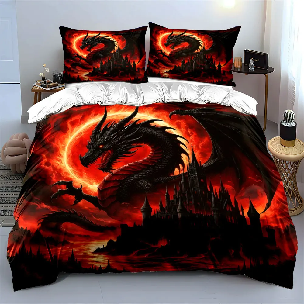 Fiery Dragon Over a Majestic Castle Print Bedding set 3PC 1 duvet cover 2 pillowcases adult and children bedding set Luxury