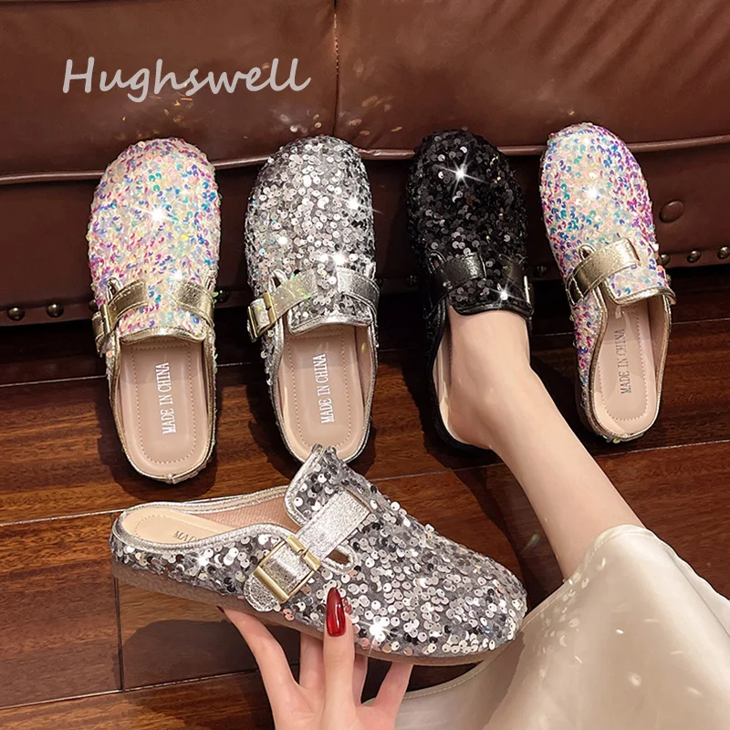 Perlage Sequins Velvet Birken Shoes Woman Bling Glitter Stage Performance Flat Shoes Ladies Casual Soft Sole Buckle Strap Mules