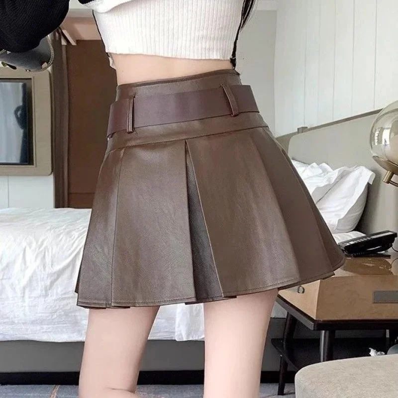 Black Punk Leather Mini Skirts Sexy Spicy Mini Pleated Skirts Y2K Women's A-Line Skirts New Summer Vintage Anti-Exposure Skirt