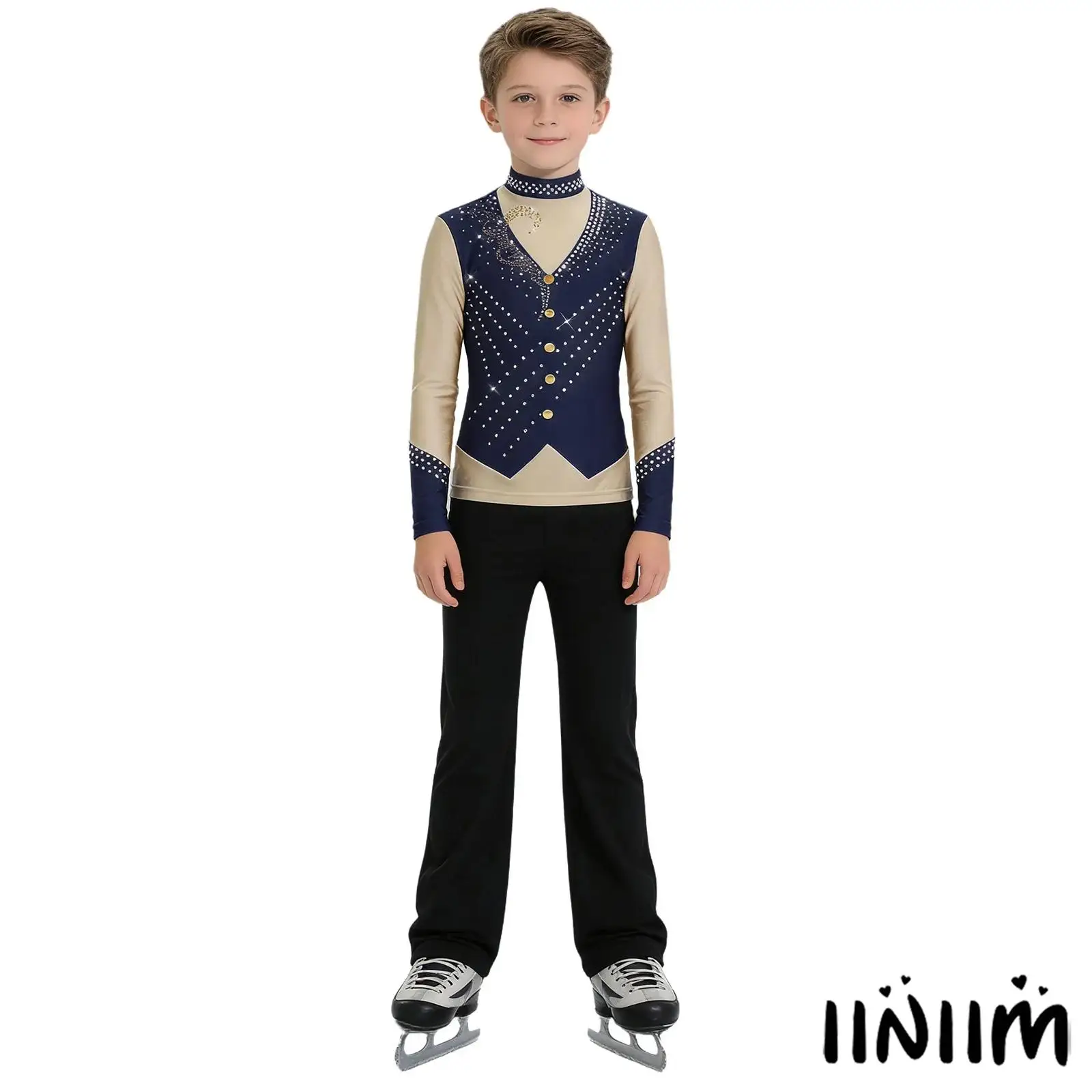 

Child 2Pieces Ice Figure Skating Costumes Boys Sparkly Rhinestones Back Invisible Zipper Top with Pants Lyrical Dance Clothing