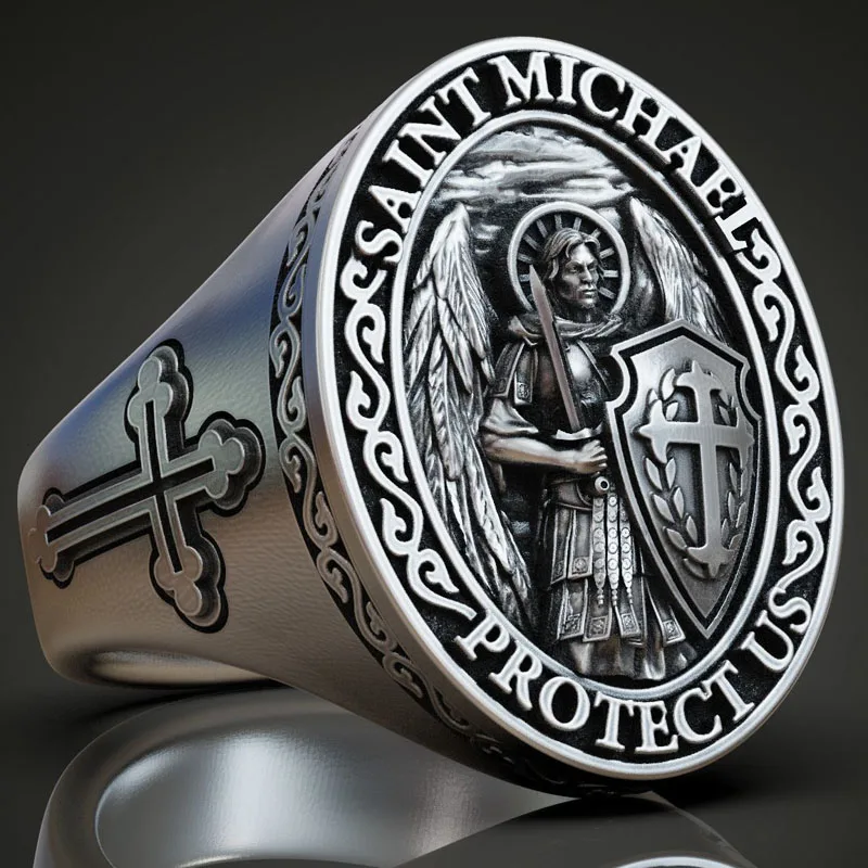 22g Rchangel Michael Combat Rings Michael bas relief statement Mens Present 925 SOLID STERLING SILVER Many Size sz6-13