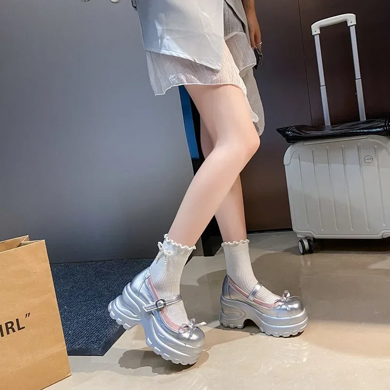 8.5CM New Autumn Chunky Platform Butterfly-Knot Sneakers Women Punk Thick Bottom Pumps Patchwork Non Slip Walking Casual Shoes