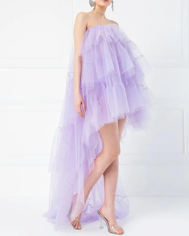 

Lavender Strapless Tiered Tulle Prom Dresses High Low Formal Party Gowns Long Summer Holiday Wear Birthday Dress For Women