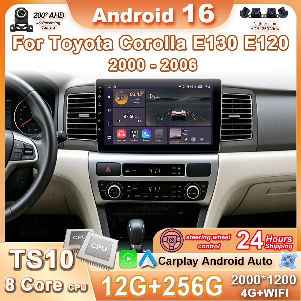 Android 16 Car Radio Stereo Player Carplay For Toyota Corolla E130 E120 2000 2001 2002 2003 2004 2005 2006 GPS System WIFI DSP