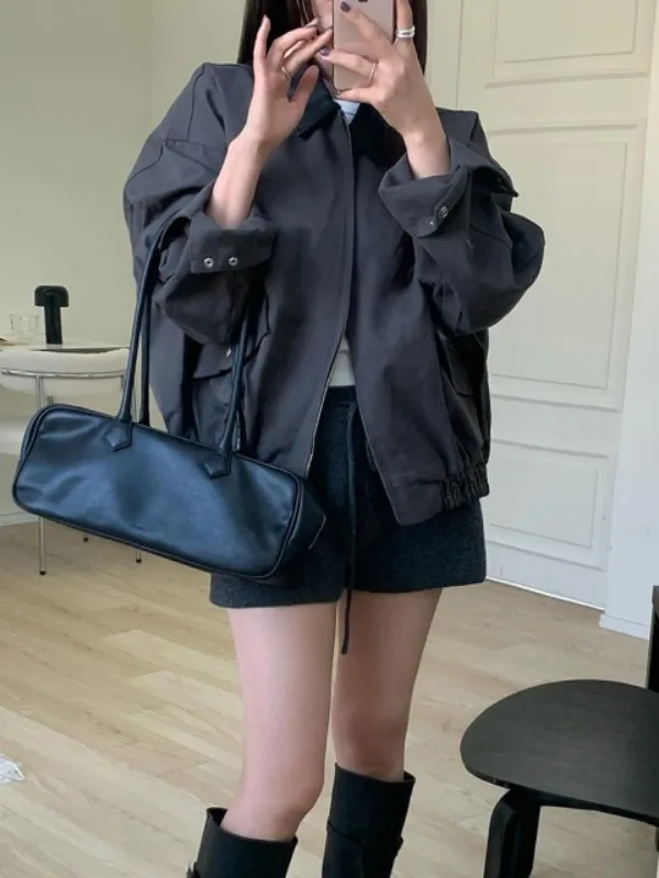 루즈핏 한국 스타일 여성 자켓 아우터웨어 가을 패션 브리티 레트로 롱 슬리브 가죽 패치워크 탑 고퀄리티