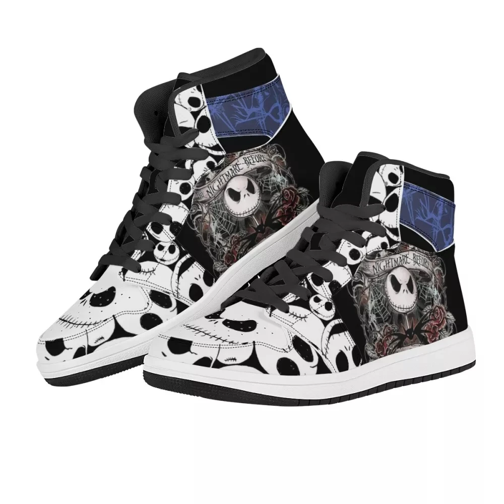 WHEREISART The Nightmare Jack Prints Mens Leather Casual Snekers High-Top Flats Student Basketball Shoes Print On Demand 2023