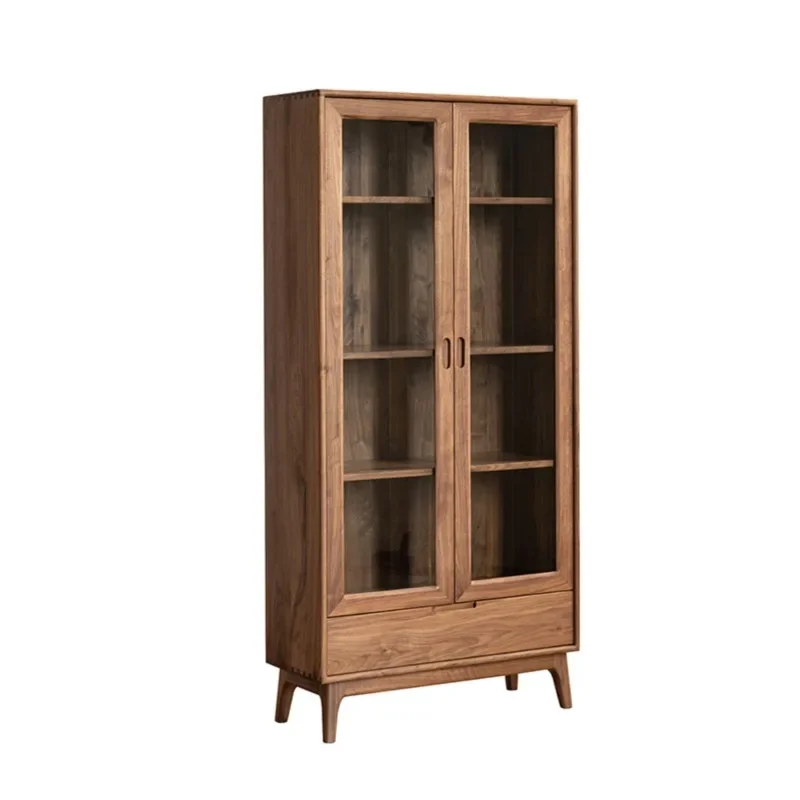

*Nordic solid wood bookcase with door floor-to-ceiling glass door living room against the wall black walnut wine cabinet locker