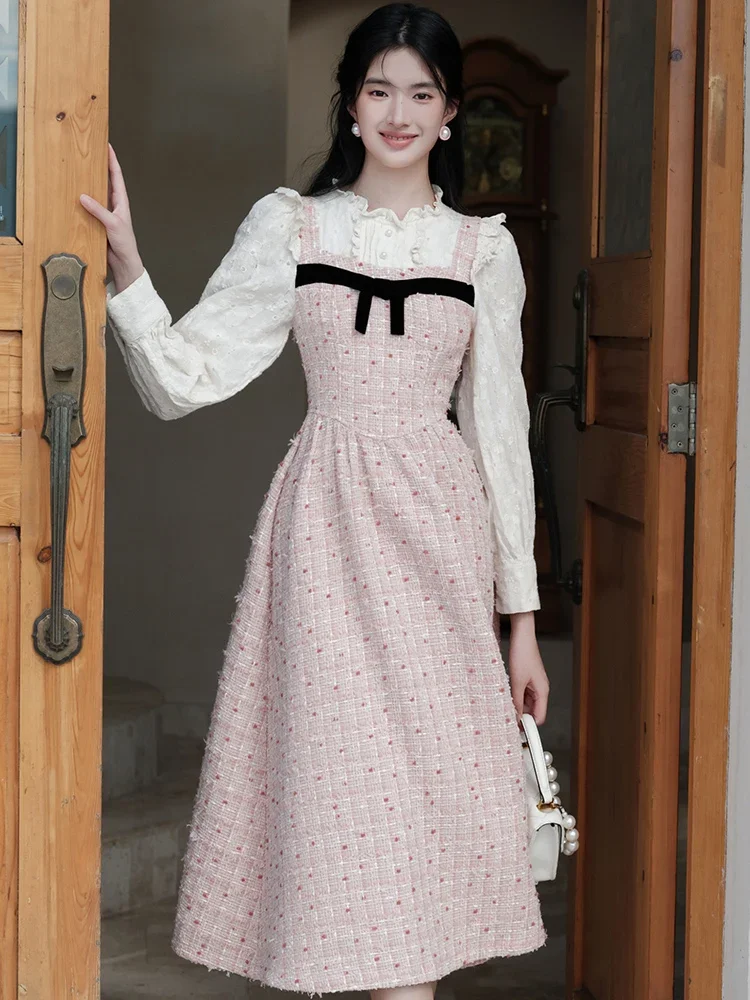 

Korean Fashion Sweet Girls Dress Autumn New Patchwork Long Sleeve Shirt Sleeve High Waist Slim A Line Long Tweed Dresses Vestido