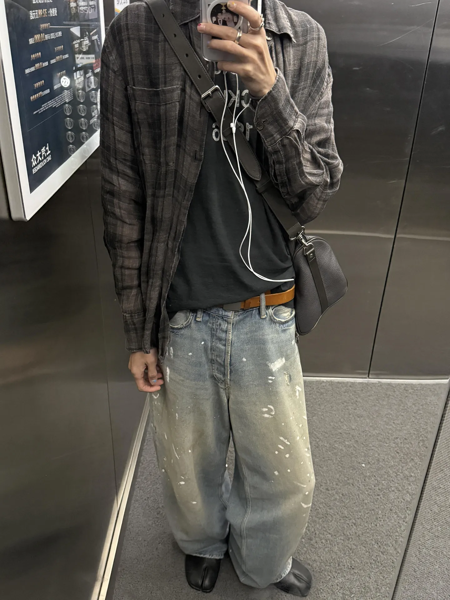 OL style black gray cotton and linen plaid shirt casual loose and lazy light sunscreen long-sleeved shirt