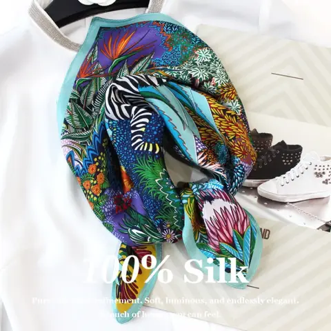 100% Pure Natural Silk Square Scarf Floral Print Vintage Shawl Women Small Neckerchief Beach Cover-up Wrap Sun Protection Hijab