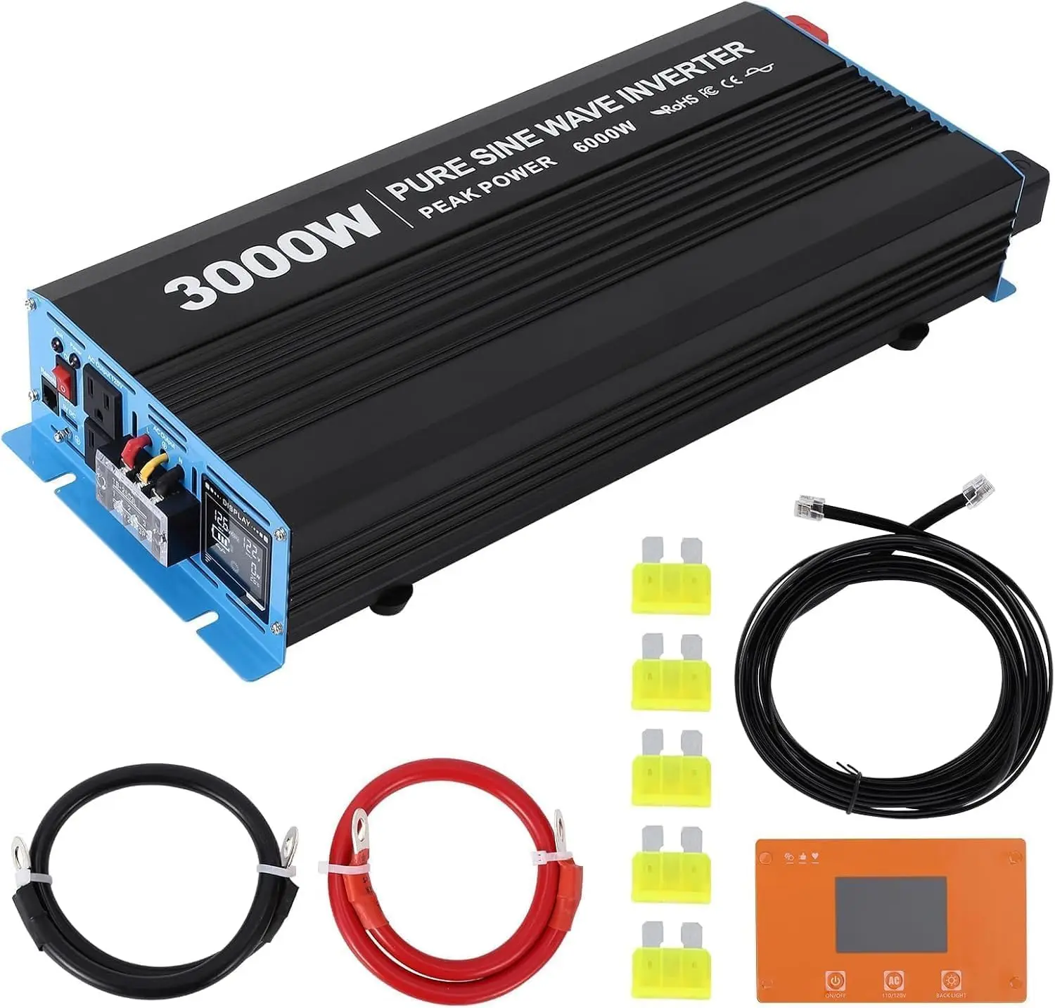 3000W Pure Sine Wave Inverter DC 12V to AC 120V Converter, 6000W Peak Power Inverter with LCD Display, 3 AC Outlets & 2.1A USB Charging Port for Home RV Truck Off-Grid Solar System, Remote Controller