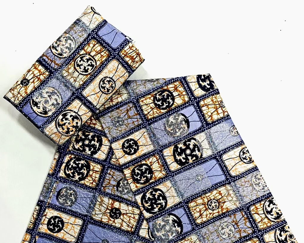 

6 Yards 2025 Newest African Super Wax Fabric 100% Cotton Print Wax Fabric with Full Rhinestone Pagne Tissu for Dress