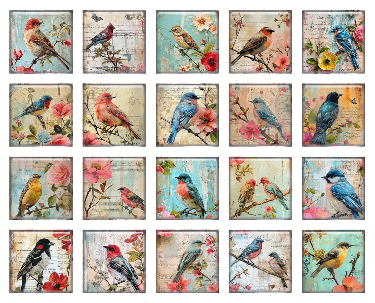 Image of Zufällig gemischte runde/ovale/quadratische Vintage-Foto-Glascabochons mit Vogel- und Blumenmotiven für DIY-Schmuckherstellung