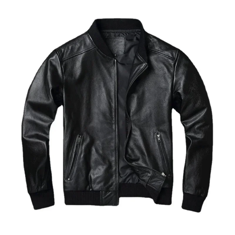 

Black Cow Genuine Leather Bomber Jacket Men Cowhide Real Coat Short Slim Business Clothing