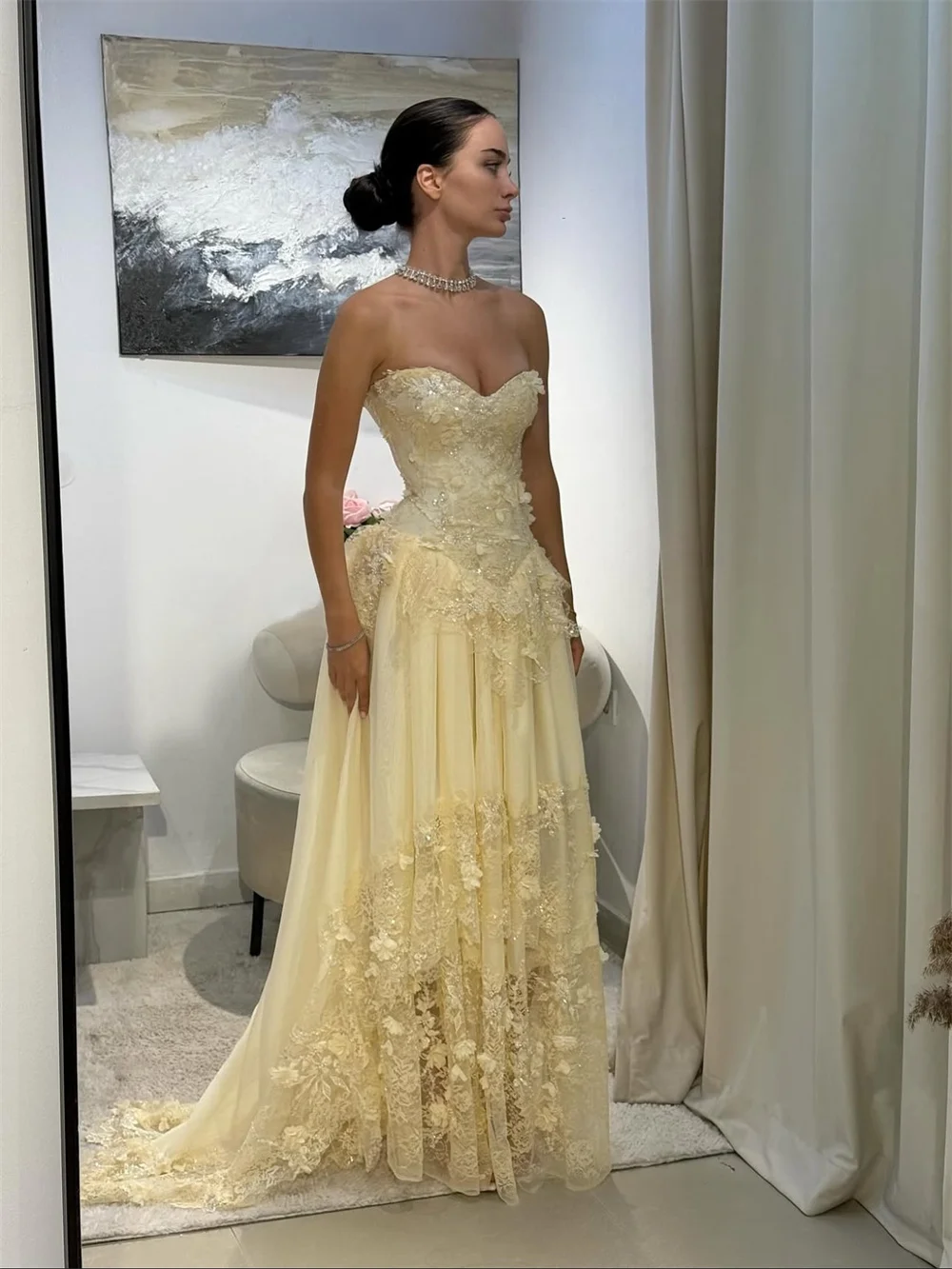 Mila Sequinned Appliques Lace Prom Dresses Yellow Strapless Sleeveless Customized Formal Evening Floor-Length vestidos de fiesta