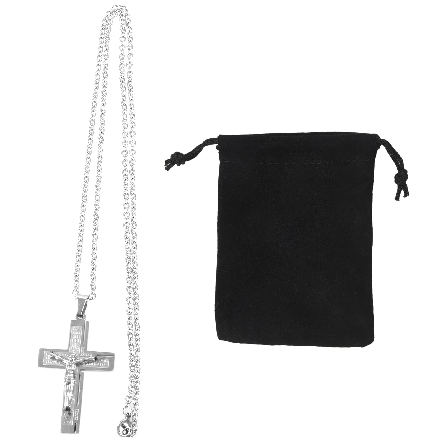 Jewelry Stainless Steel Jesus Crucifix Bible Prayer Cross Pendant with 70cm Necklace, Necklace for Men, Silver