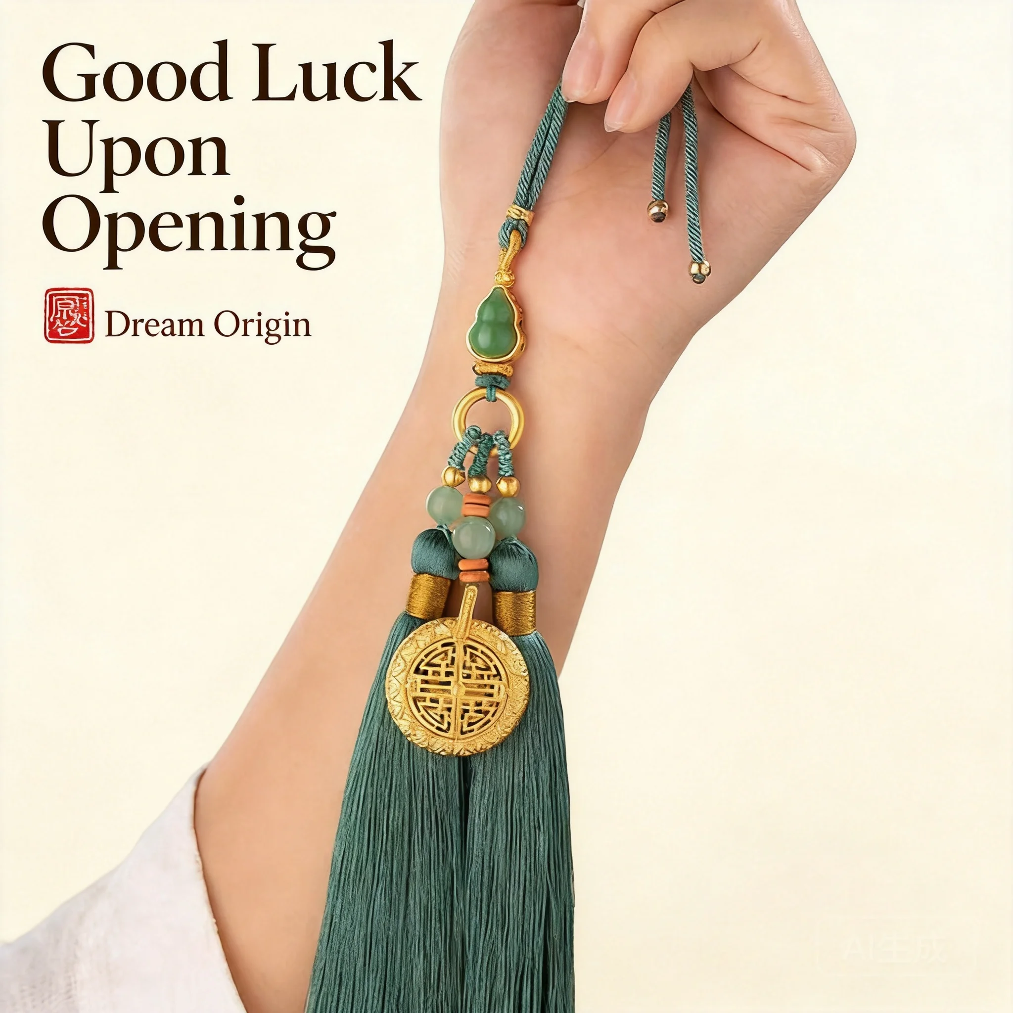 

Chinese Style Ancient Gold Plated Gawu Box Car Rearview Mirror Hanging Ornament Lucky Blessing Peace Amulet Green Tassel Gourd