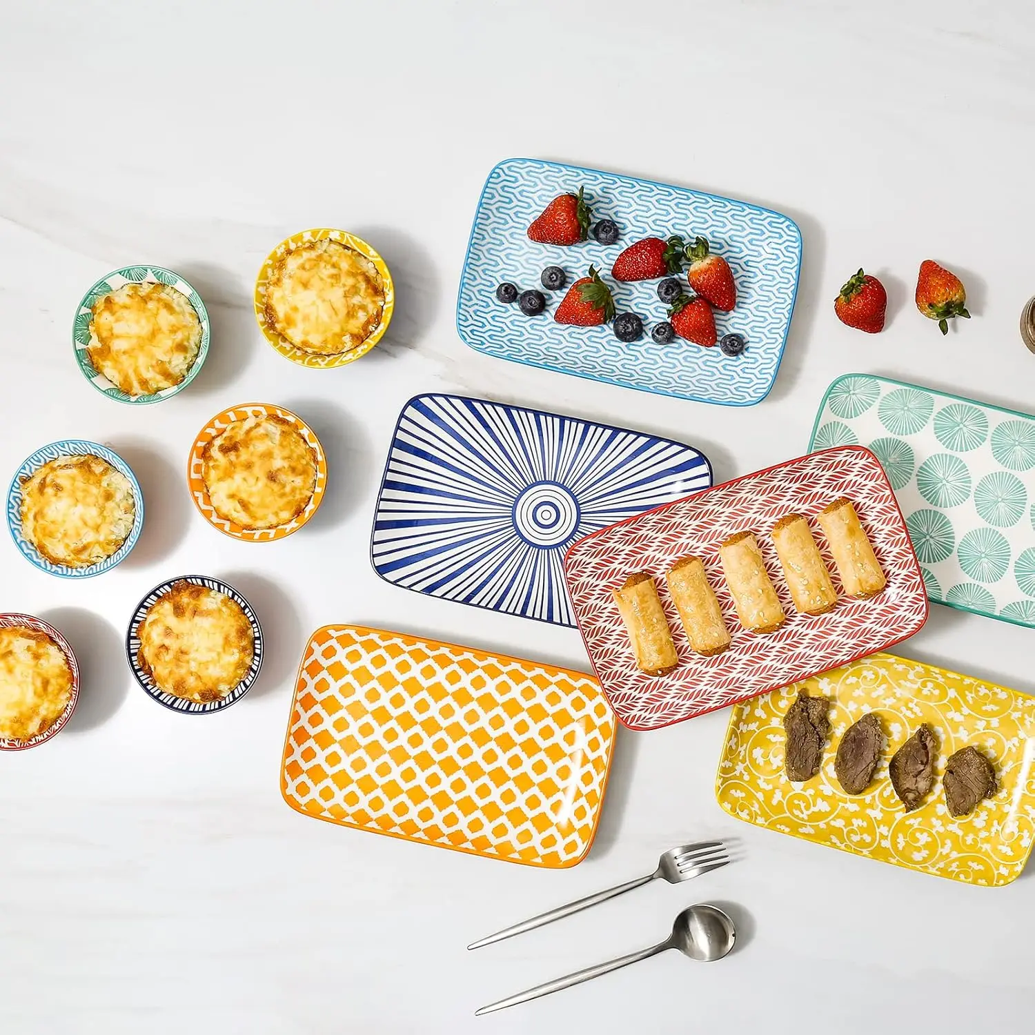 Rectangular Serving Platter, 8 inch Ceramic Dinner Plates Serving Trays Set of 6 for Salad, Appetizers, Sushi, Fruit, Microwave