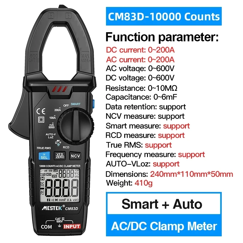 MESTEK Digital Clamp Meter 600A DC Current AC/DC Voltage Ohm True RMS Auto Range VFD Capacitance NCV Tester Ammeter Multimeter