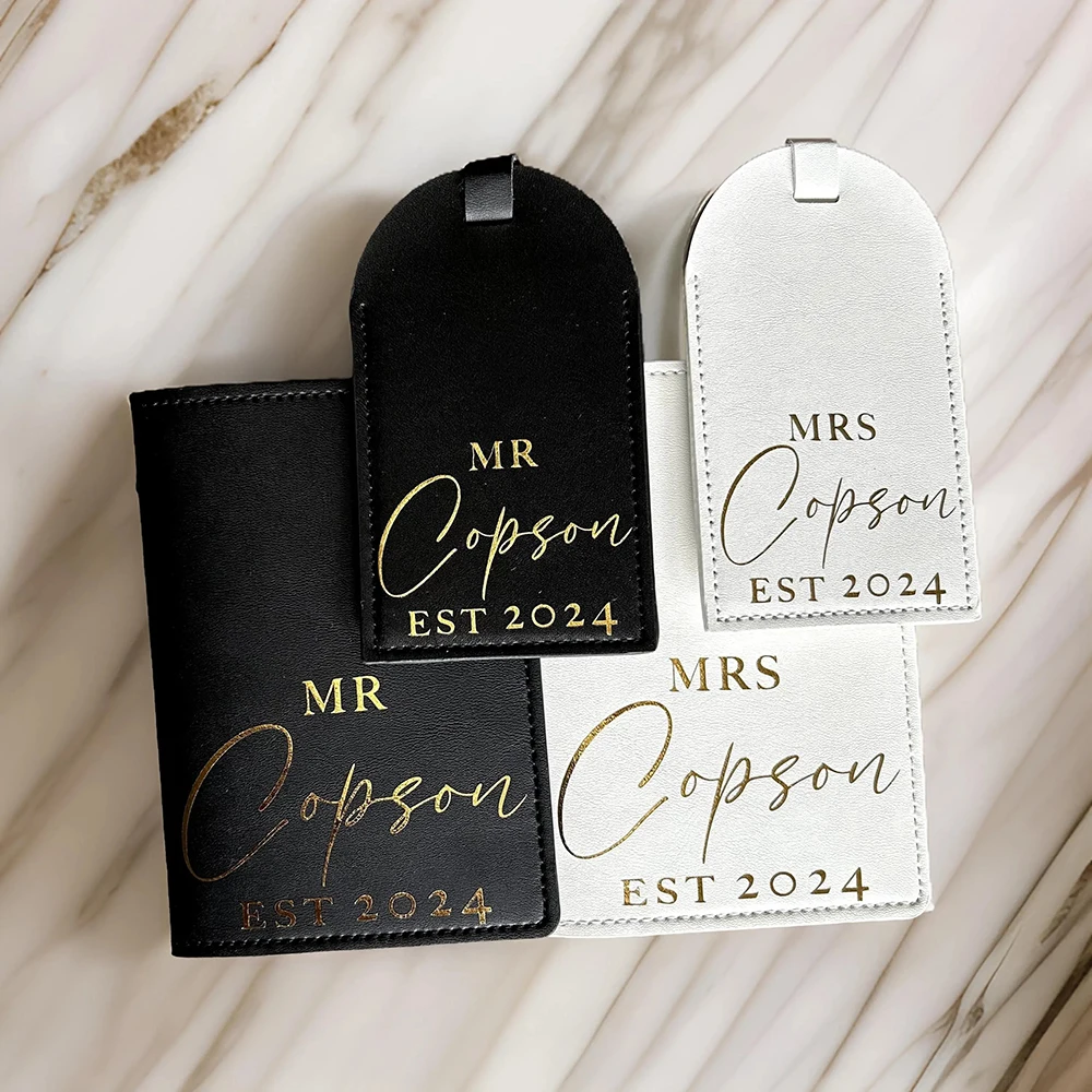 

Personalized Leather Luggage Tags & Passport Set Couple Travel Baggage Label Tags Custom Wedding Gift Bridal Shower Gift