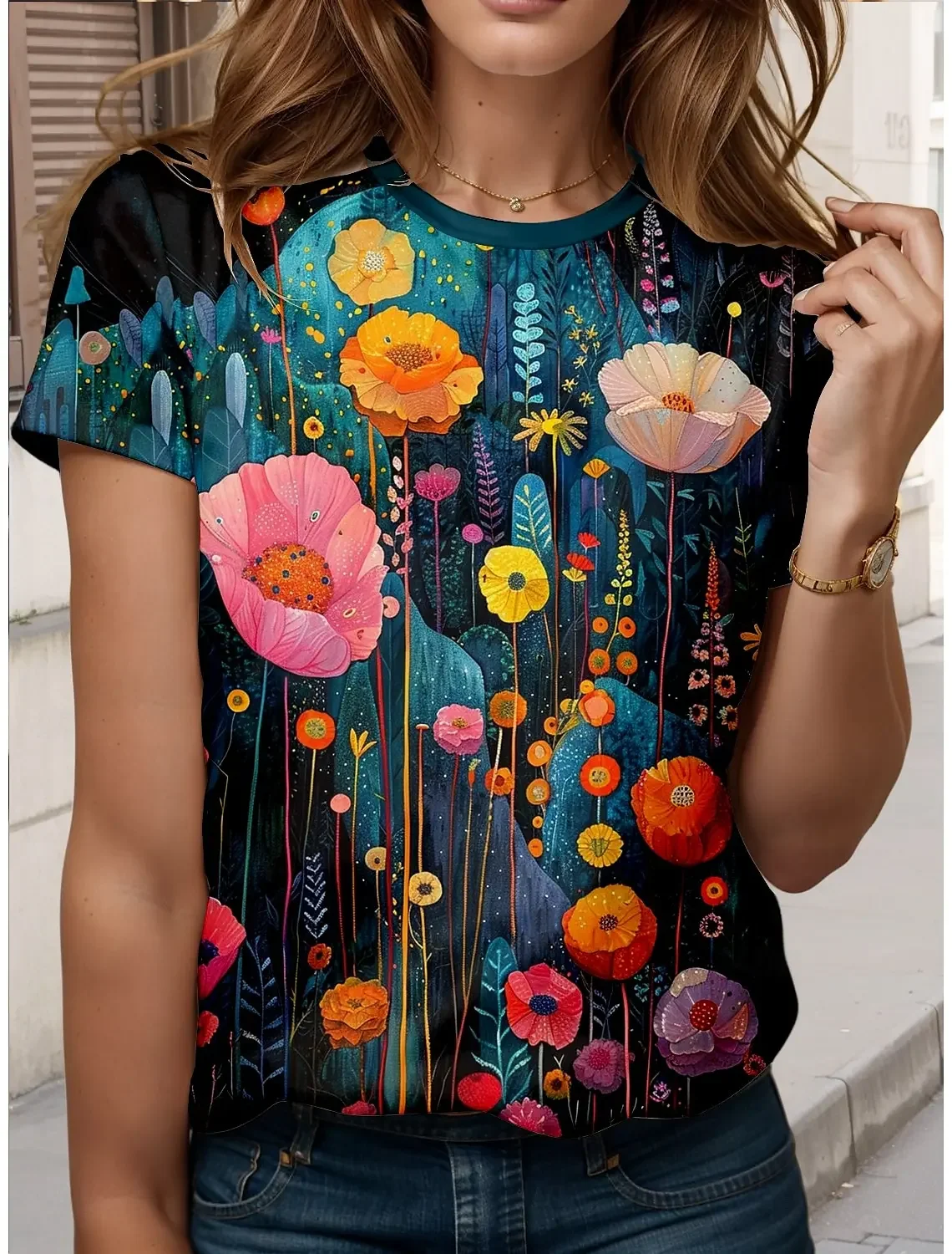 

Женские футболки с цветочным 3D-принтом, футболки с короткими рукавами, топы, футболки с круглым вырезом с 3D принтом, большие размеры, повседневная женская одежда, одежда