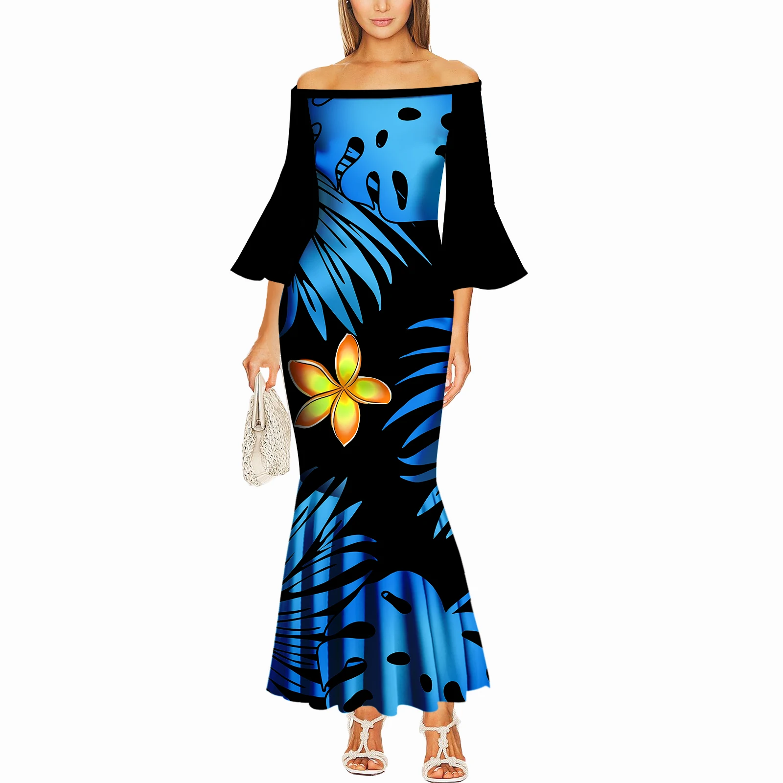 فستان كلاسيكي بسيط وعالي الجودة بكتف واحد وأكمام واسعة نحيف بولينيزيا مصنوع حسب الطلب طويل ذيل السمكة للنساء #4