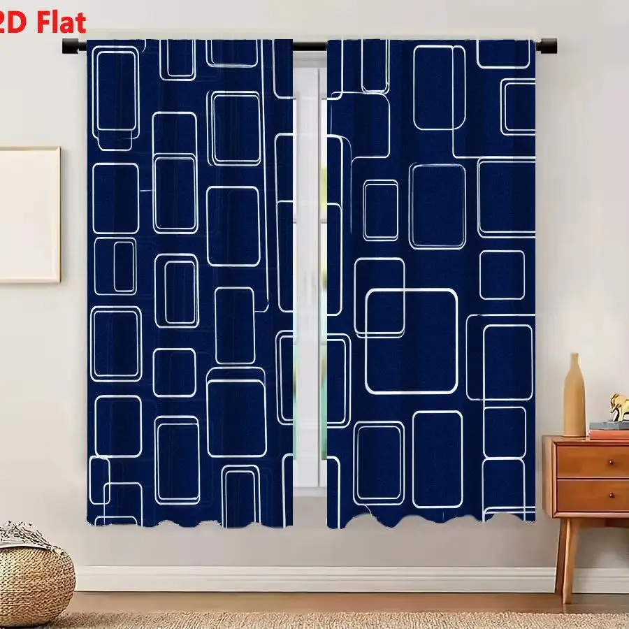 2Pcs Curtains 2D Flat Abstract Geometric Pattern With White Rectangles And Squares On Dark Blue Background Window Drapes for Bed