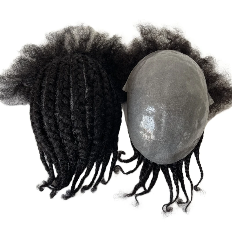 Brazilian Virgin Human Hair Replacement 1# Jet Black Color Cornrow Braids Unit 8x10 Full PU Toupee for Black Men