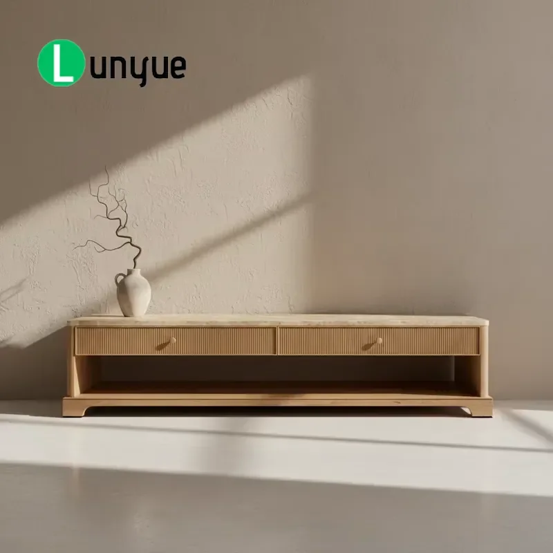 Modern Farmhouse Coffee Table with 2 Drawers Light Marble Top Solid Wood Base Refined Detail Durable Luxury Living Room