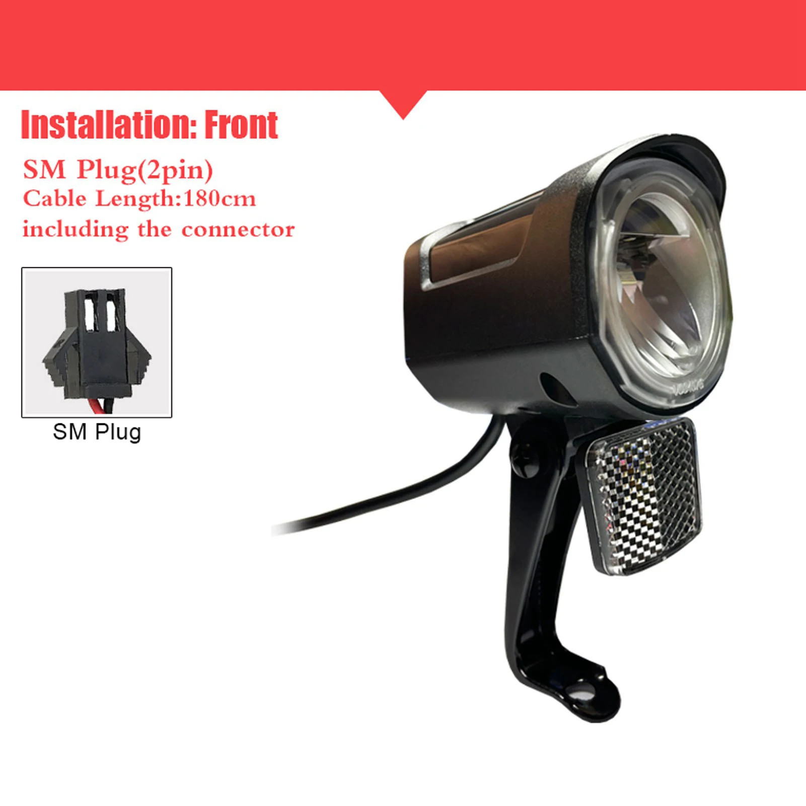 ZK30 Electric Bike Front Light DC12V to 72V LED Light SM/ Plug 2 Pin Durable ABS Ebike Headlight for Electric Bike