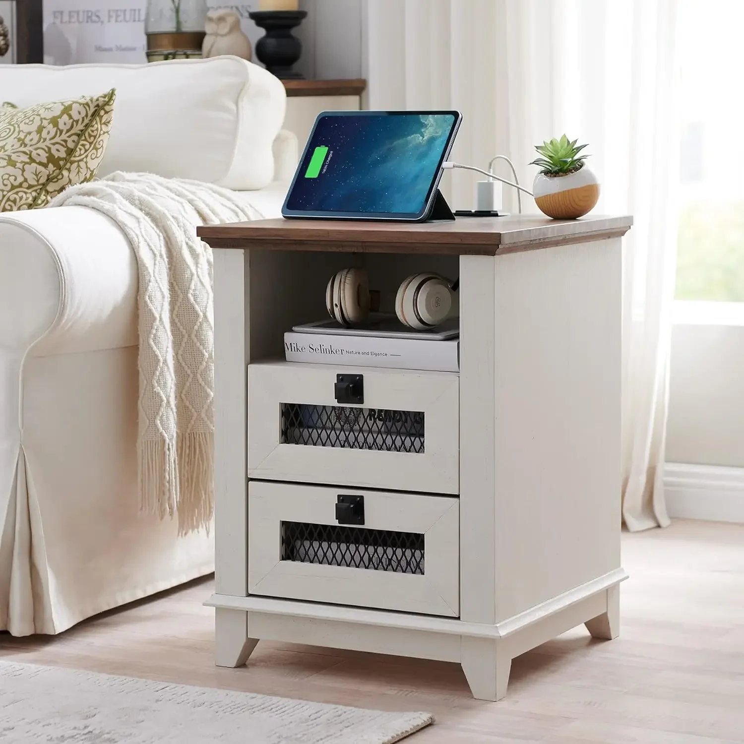 

Nightstand with Charging Station,18'' Industrial & Farmhouse Square End Table w/ 2 Drawers & Open Cubby, Rustic Mesh Drawer