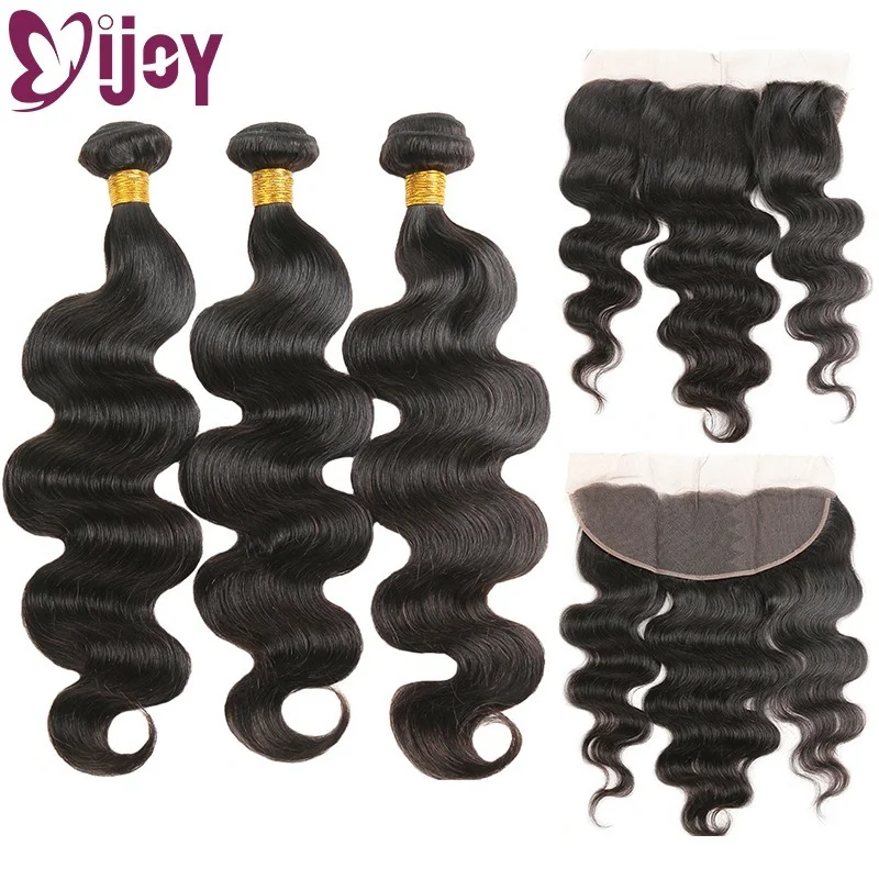 Body Wave Bundles With Frontal Brazilian Human Hair 3/4 Bundles With 13x4 Frontal Natural Color Human Hair Bundles With Frontal