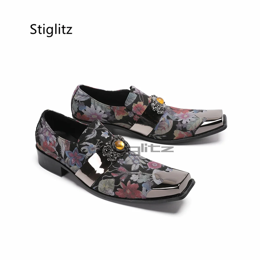 Flowers Prints Square Toe Dress Shoes for Men Gem Strap Metal Toe Casual Business Shoes Luxury Party Wedding Shoes Bridegroom
