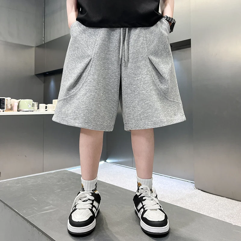 Brief Style Kids Child Summer Loose Cotton Shorts for Big Boys Casual Solid Gray Black Knee Length Capris Pants with Drawstring