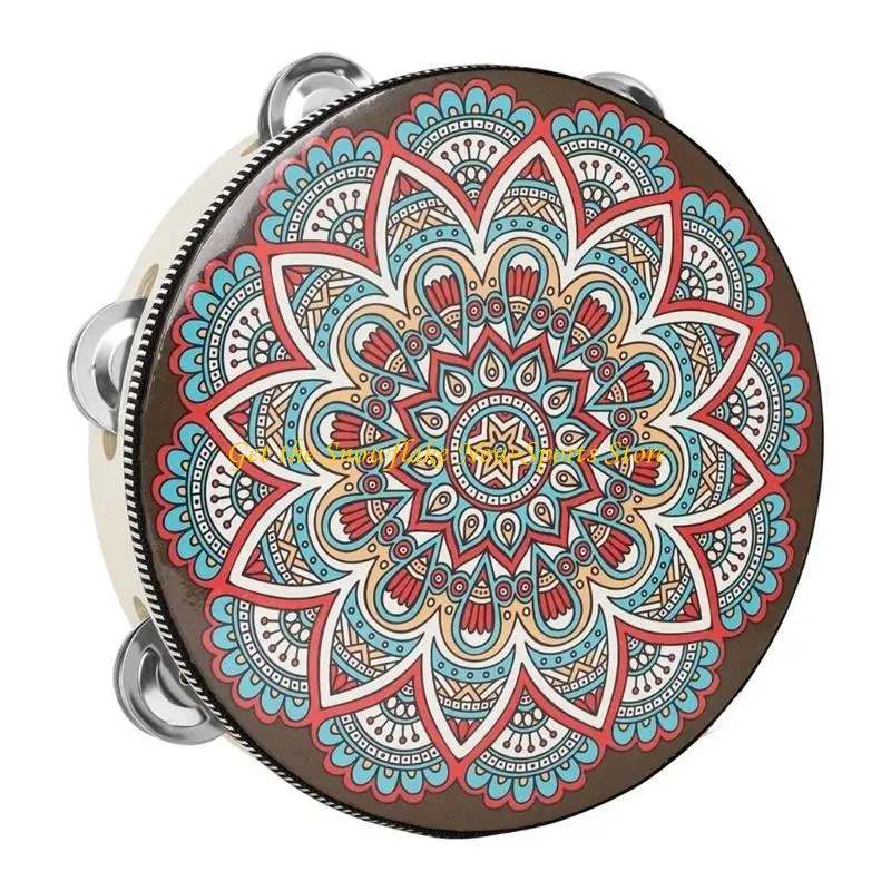 E56D 8 Inch Single Row Tambourine Round Musical Tambourine Metal Bells Hand Held Percussion Drum with Ergonomic Handle Grip